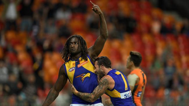 Nic Naitanui celebrates his match-winning goal.