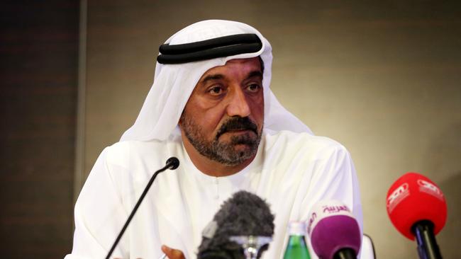 Few answers ... Emirates’ Chairman and Chief Executive Shaikh Ahmed bin Saeed Al-Maktoum addresses media after the runway shocker in Dubai. Picture: AP / Adam Schreck