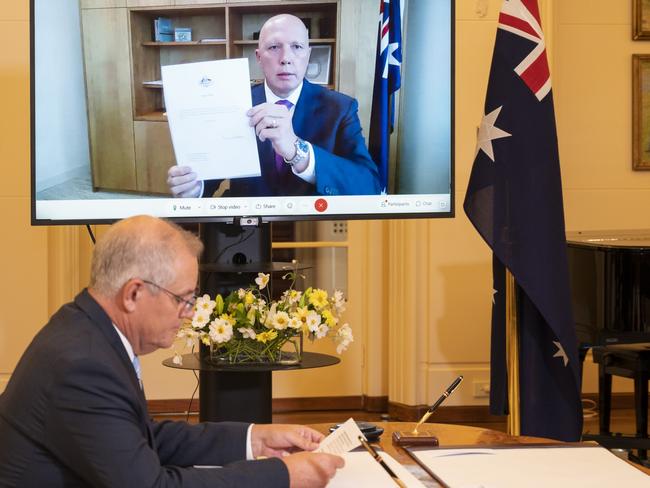 Prime Minister Scott Morrison attends the swearing-in of Defence Minster Peter Dutton. Picture: NCA NewsWire / Martin Ollman