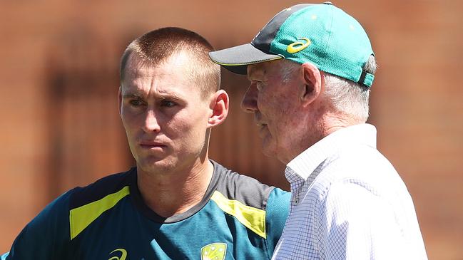 Marnus Labuschagne deep in conversation with selector Greg Chappell.