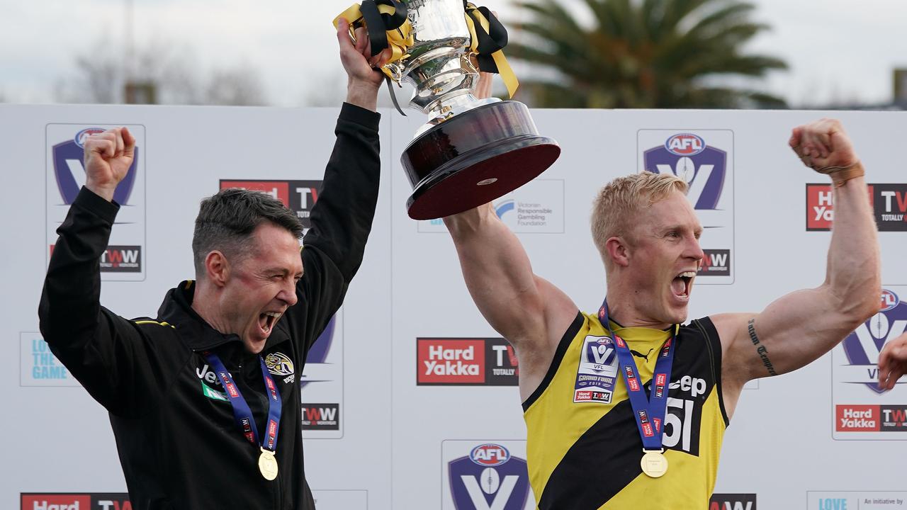 Craig McRae and Steve Morris after Richmond’s 2019 VFL Grand Final win.