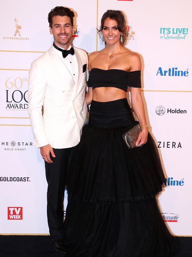 Last year’s The Bachelor lovebirds Matty J and Laura Byrne look adorable together as they pose for cameras. Picture: Chris Hyde/Getty Images