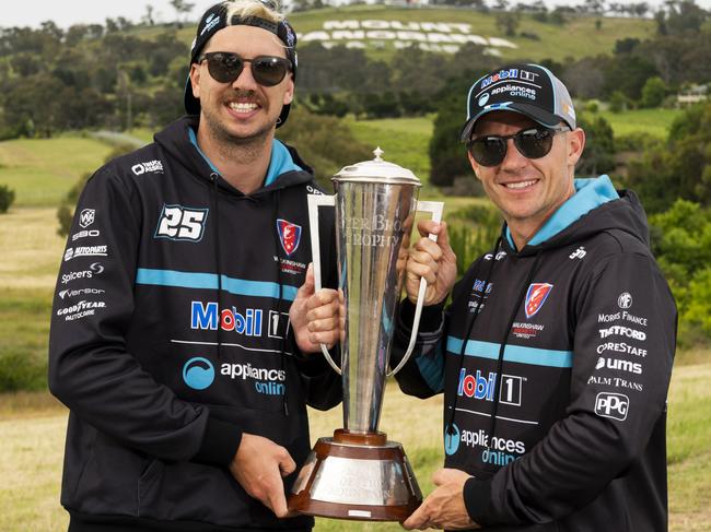 BATHURST, AUSTRALIA - DECEMBER 06: 2022 Bathurst 1000 winners Chaz Mostert and Lee Holdsworth pose with the Peter Brock Trophy during a Supercars media opportunity at Mount Panorama on December 06, 2021 in Bathurst, Australia. (Photo by Daniel Kalisz/Getty Images)