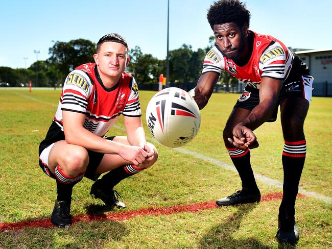 Kirwan State High School's two speedster wingers Jesse Yallop 17 and Dudley Dotoi 16, ahead of the Aaron Payne Cup. Picture: Alix Sweeney