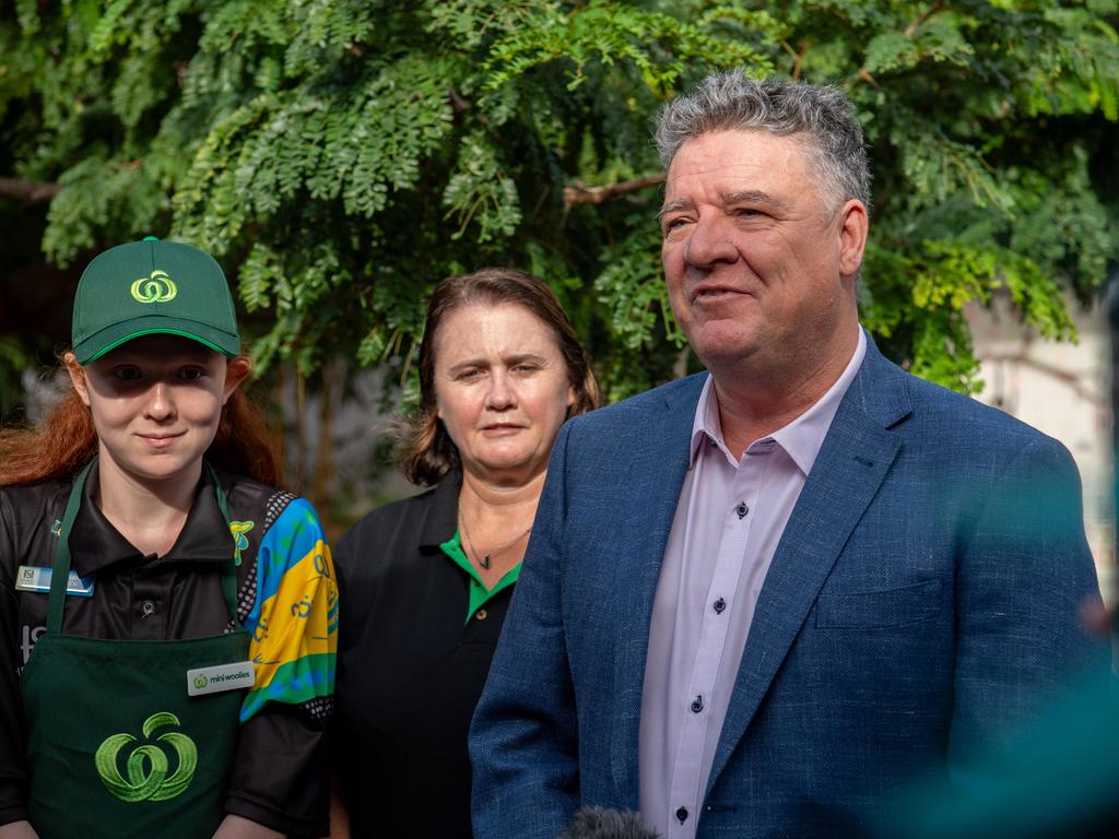 Henbury School student Hannah Ziersch, Mini Woolies Program general manager Sarah Corey and Education Minister Mark Monaghan. Picture: Pema Tamang Pakhrin