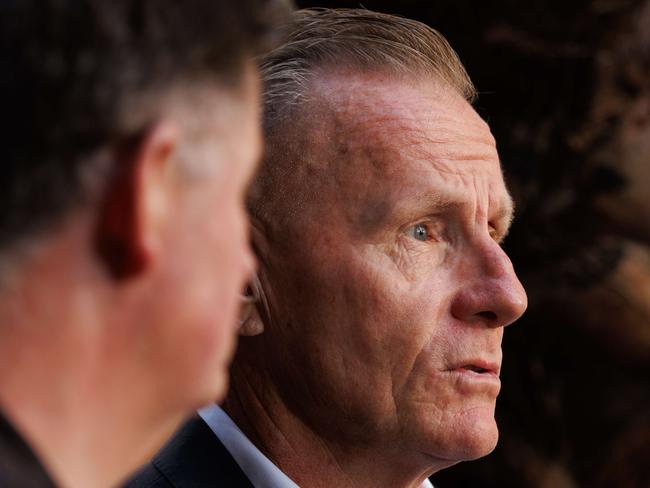 DAILY TELEGRAPH. Matt Mullen & Adam Bray, fathers of Hunter Valley bus crash victims Bec Mullen & Zach Bray, speak to reporters after meeting with Attorney General Michael Daley at 52 Martin Place, Sydney. Monday 27/05/2024. Picture by Max Mason-Hubers