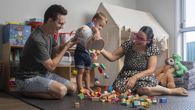 ‘Every little bit helps,’ say Chris and Nicki Pennycuick, at home with three-year-old son Jeremiah. Picture: Russell Shakespeare