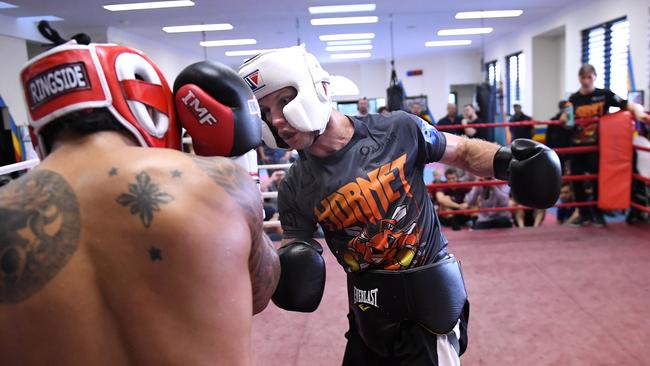 Horn (right) unleashes on Filipino light welterweight Czar Amonsot during sparring.