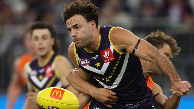 Vic clubs are circling Dockers defender Griffin Logue. Picture: AFL Photos/Getty Images