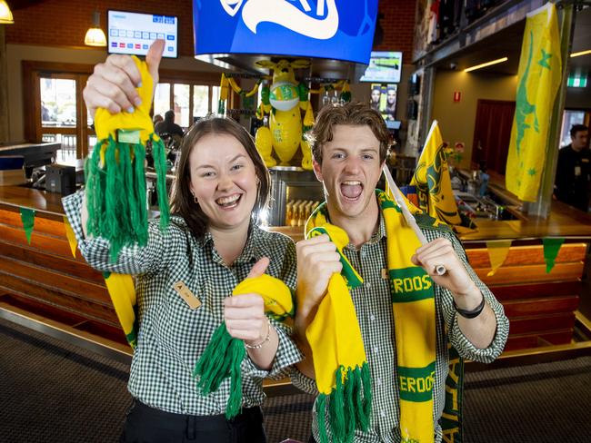 Bar tenders Ela Walsh and Luke Giacometti get into the Matilda's spirit at Arkaba's newly refurbished sports bar 'SPORTYS'-where they will have the Matilda's on the big screen Friday night .Wednesday,May,29,2024.Picture Mark Brake