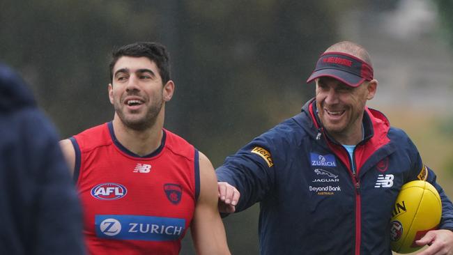 Simon Goodwin and Christian Petracca over pre-season. Picture: Tess Gellie/Melbourne FC