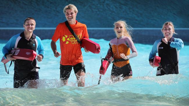 Wet'n'Wild lifeguards Joshua Biscoe, Drewe Moore, Jade Vorias and Maddison Bailey in the Wave Pool. Picture: Glenn Hampson