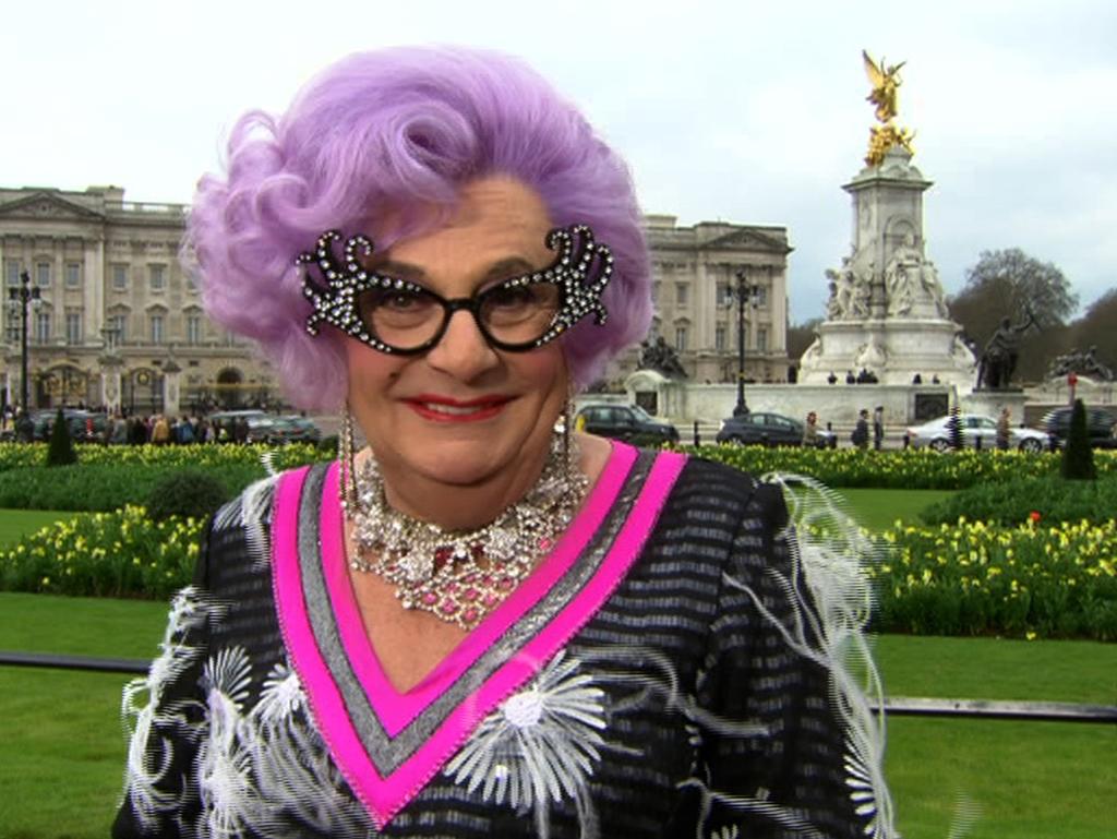 Dame Edna Everage outside Buckingham Palace in 2011. Picture: Supplied