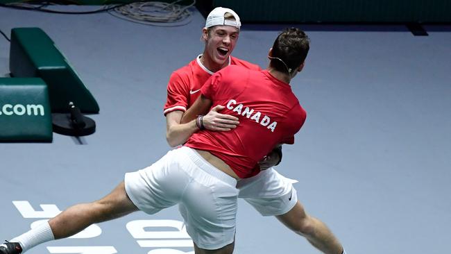 Denis Shapovalov and teammate Vasek Pospisil celebrate after Canada’s semi-final win in the Davis Cup last November. Picture: AFP