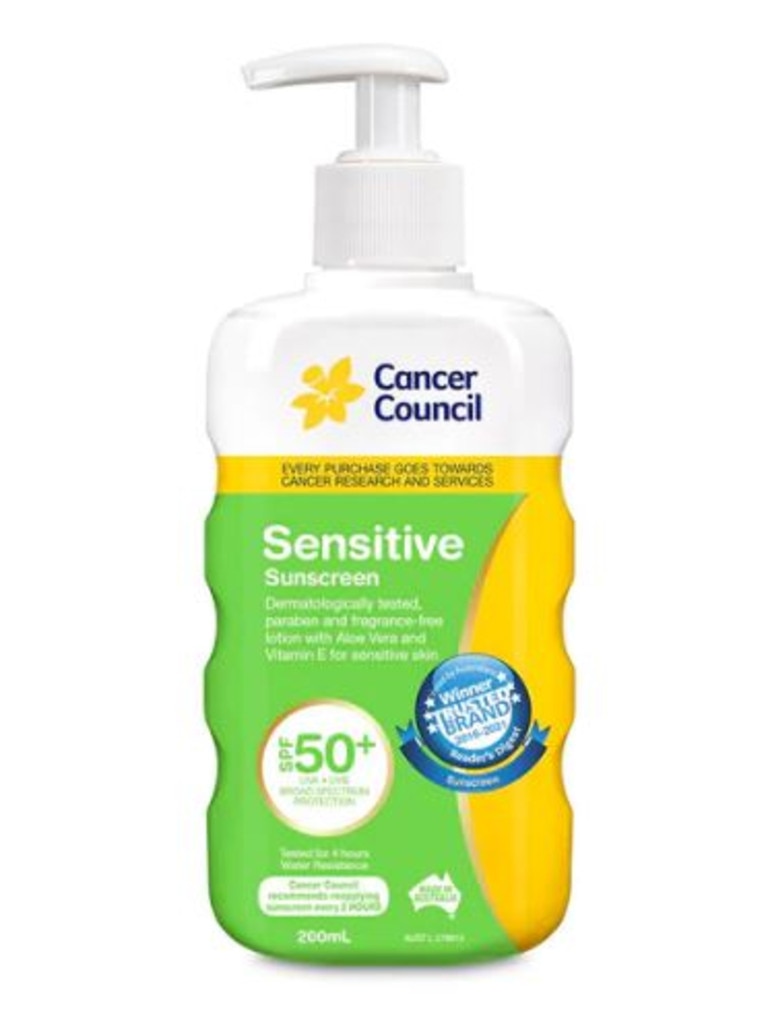 The CC Sensitive Sunscreen SPF50+ 200ml pump has been recalled. Picture: Supplied.