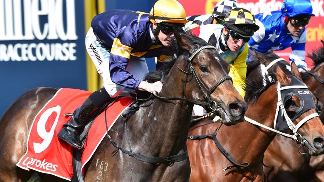 Alaskan Rose (left) surges late to win at Caulfield last month. Picture: Getty Images