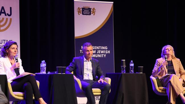 Liberal Wentworth candidate Ro Knox. right, Labor Kingsford Smith MP Matt Thistlethwaite and Ms Spender at a seminar on protecting the Jewish community. Picture: James Dowling