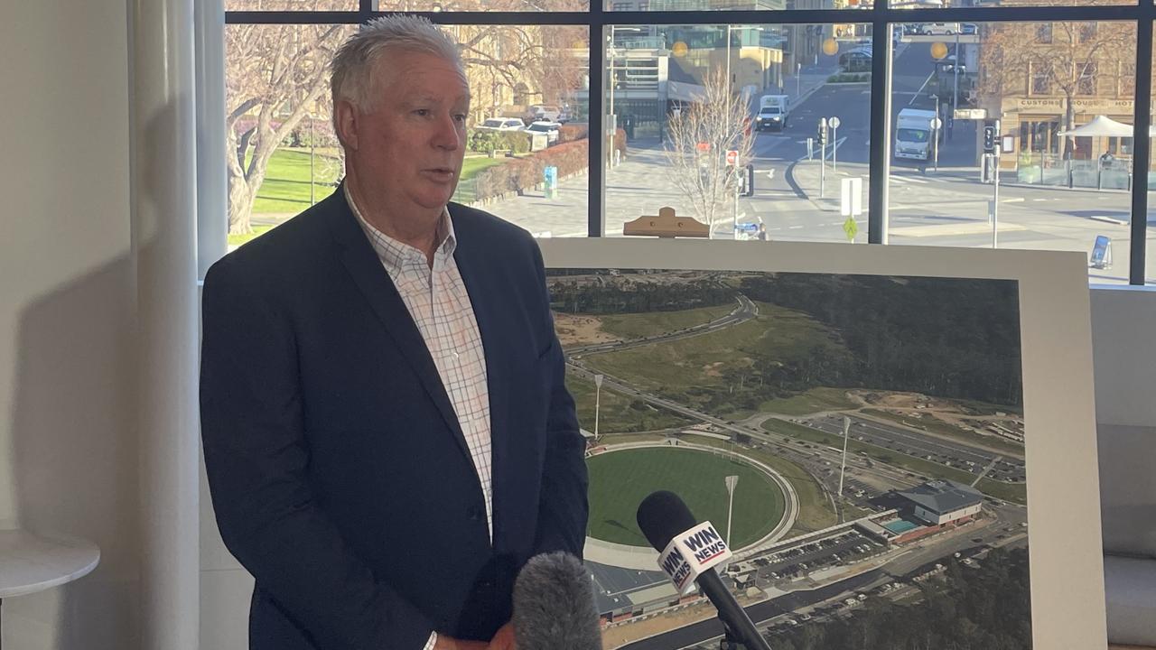 Brisbane Lions CEO Greg Swann speaking to media in Hobart on Friday.