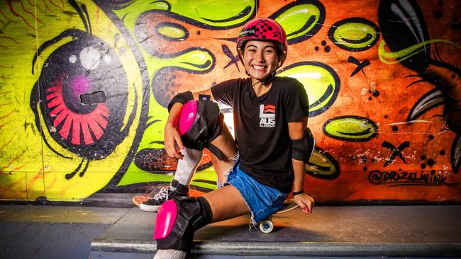 Rolling back to school - Arisa Trew back on home soil at Level Up Academy and Training Facility with her skater friends and class mates and her Olympic Gold medal she won in Paris.Picture: Nigel Hallett