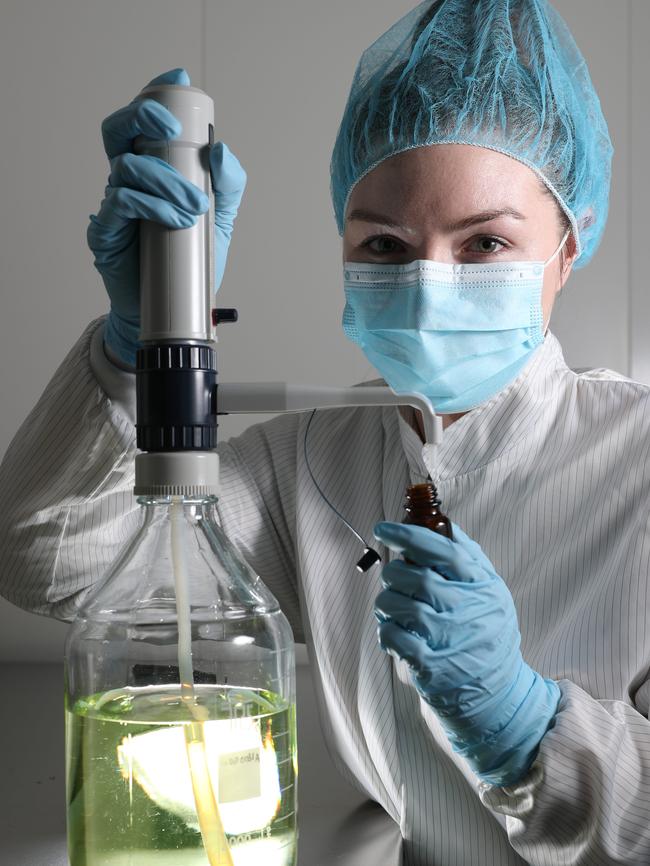 Sarah Fahy, GD Pharma validation engineer, dispensing the first SA-made medicinal cannabis. Picture: Tait Schmaal.