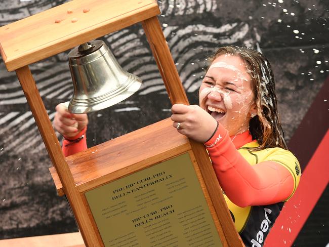 Carissa Moore rings the bell after winning the Rip Curl Pro crown for the third time.