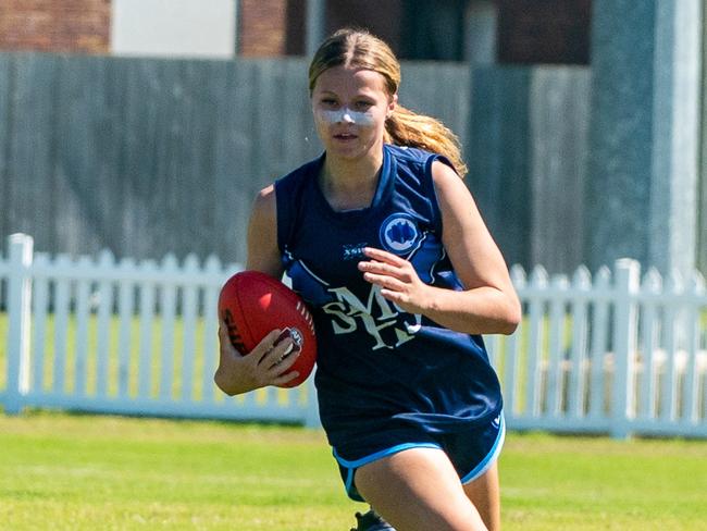 Jen Kimber from Moranbah State High School AFLQ Schools Cup Moranbah State High School vs. Ryan Catholic College Wednesday 16 August 2023. Picture: Michaela Harlow