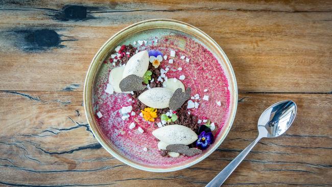 <b>The Hyde, Potts Point</b> Vanilla and olive oil pannacotta with white chocolate mousse, dark chocolate soil and black truffle.