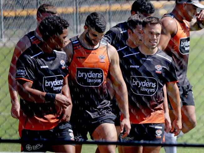 Luke Brooks (R) joined his Wests Tigers teammates on the first day of training for the full squad. Picture: Toby Zerna