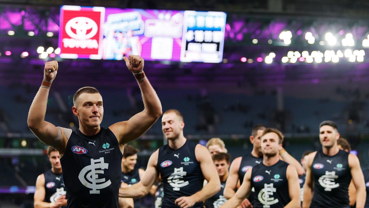 Patrick Cripps leads his team off the field. Picture: Dylan Burns/AFL Photos via Getty Images