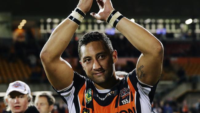 Wests Tigers Benji Marshall thanks the crowd.