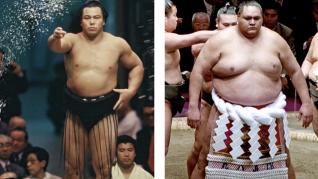 Chiyonfuji, an example of a slimmer Japanese sumo wrestler, and Yokozuna Akebono. Pictues: Wikipedia