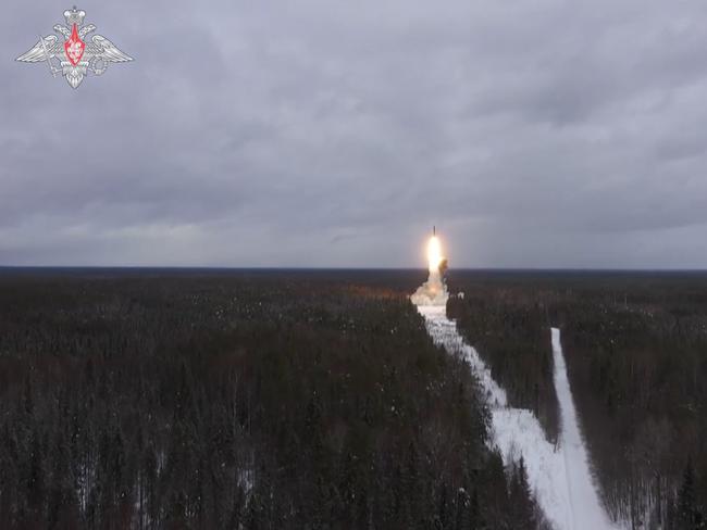 Handout video grab released by the Russian Defence Ministry shows a Yars intercontinental ballistic missile launching during training. Picture: Russian Defence Ministry / AFP