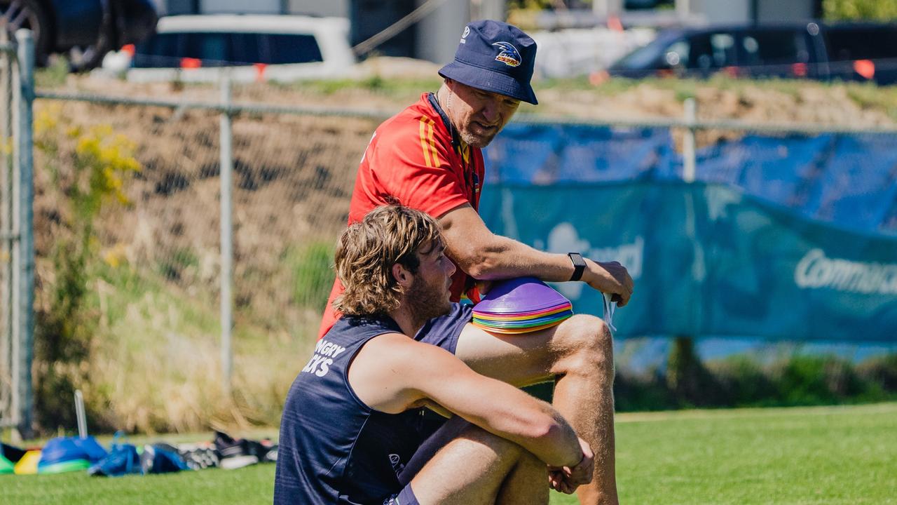 Adelaide Crows fitness boss Darren Burgess talking to Crow Luke Pedlar. Picture Adelaide Football Club