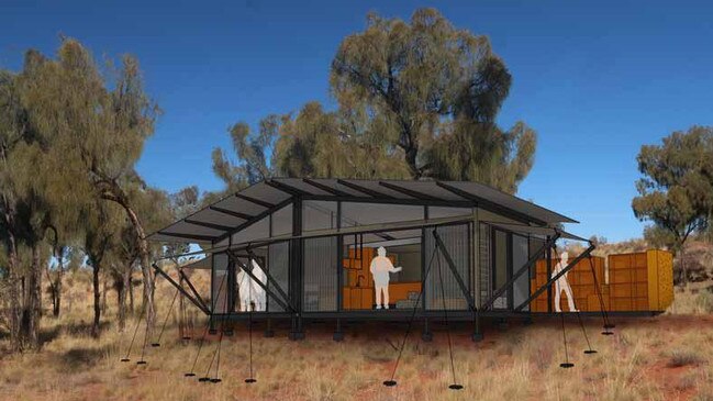 An artist’s impression of the route, views and accommodation part of the proposed Uluru Lodge Walk from the Australian Walking Company (AWC). Picture: Troppo Architects