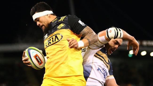 Vaea Fifita of the Hurricanes wins line out ball against the Brumbies on Friday night.