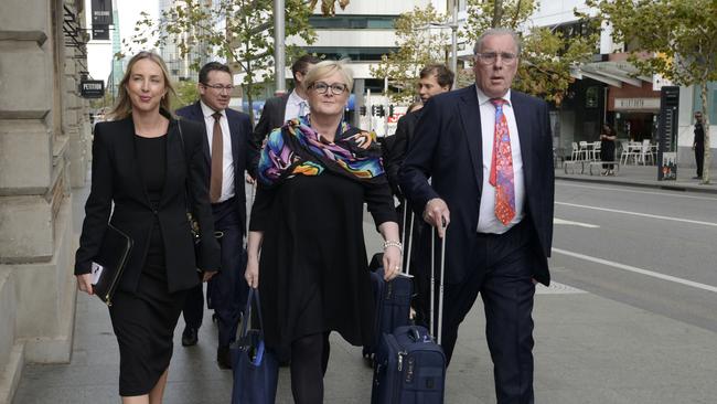 WA Liberal Senator Linda Reynolds arrives at David Malcolm Justice Centre with lawyer Martin Bennett ahead of mediation session to try and settle a defamation suit she lodged against her former staffer Brittany Higgins and fiance David Sharaz. Picture: NewsWire / Sharon Smith