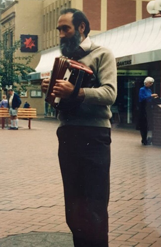 Geoffrey Rallings busking around town in the 80s and 90s. He used to busk quite regularly. Picture supplied by Irene Rallings