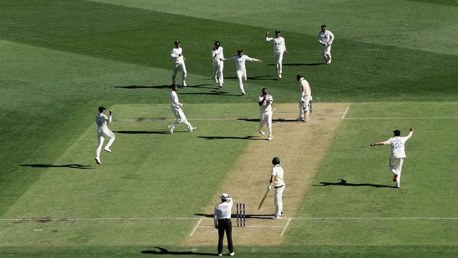 Jasprit Bumrah celebrates after dismissing Steve Smith lbw for a golden duck. Photo: Getty Images