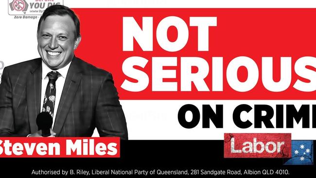 An LNP billboard attacking QLD Premier Steven Miles for his approach to crime, to be erected in Ipswich West ahead of the by-election. Picture: Supplied.