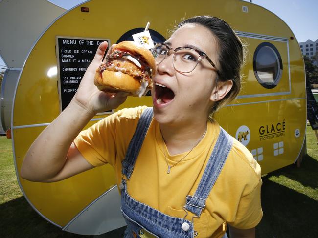 Glace owner Christy Tania has created a fried chicken dessert burger for her pop-up submarine. Picture: David Caird