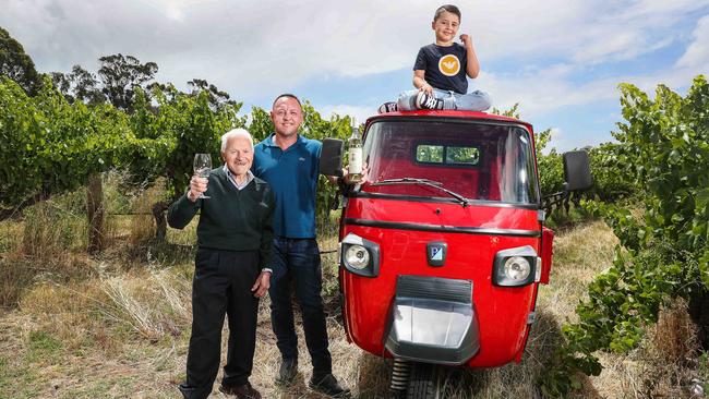 McLaren Vale's Zerella Wines hosts special experiences, which will soon include tastings in the vines. Jim Zerella with his nonno, Frank, and son, Vito, 6. Picture: Sarah Reed