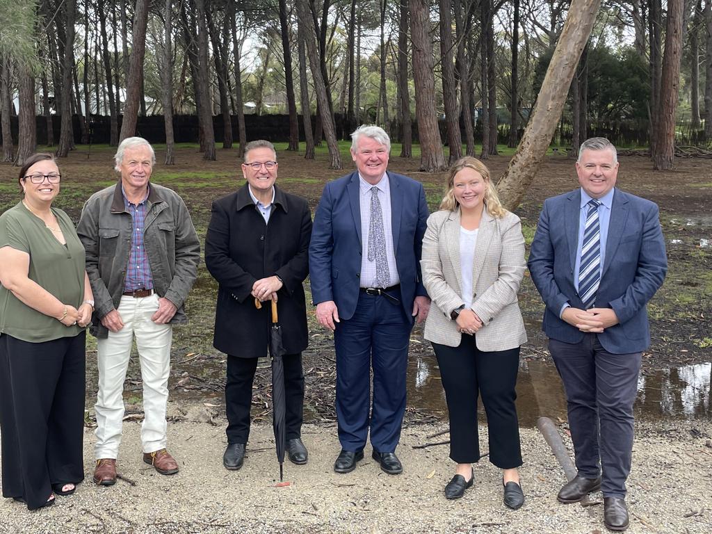 Labor candidate for Lara Ella George, second for right, with L to R: Geelong council Kylie Grzybek, Lara care group chair Barry White, outgoing Lara MP John Eren MP, government MP Shaun Leane, and Geelong councillor Anthony Aitken. Picture: supplied