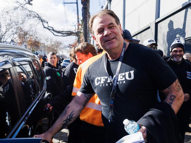 17/06/2024 CFMEU members outside festival hall during the voting on the new EBA. Aaron Francis / Herald Sun