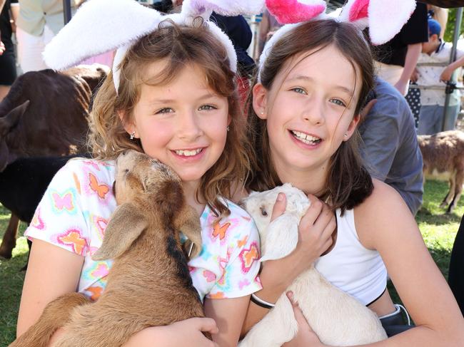 Sisters Kennedy 8yrs and  Miller 10yrs Nicholas from Tugan at the Sanctuary Cove Eggstravagaza. Ph dad Mark 0423218311 from sanctuary cove .The Rabbit is called Pickles . Pic Annette Dew