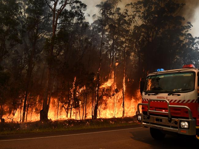 NSW Rural Fire Service firefighters oversee a backburn operation on Medowie Rd, at Medowie near Port Stephens, Monday, Nov. 7, 2016. (AAP Image/Dan Himbrechts) NO ARCHIVING