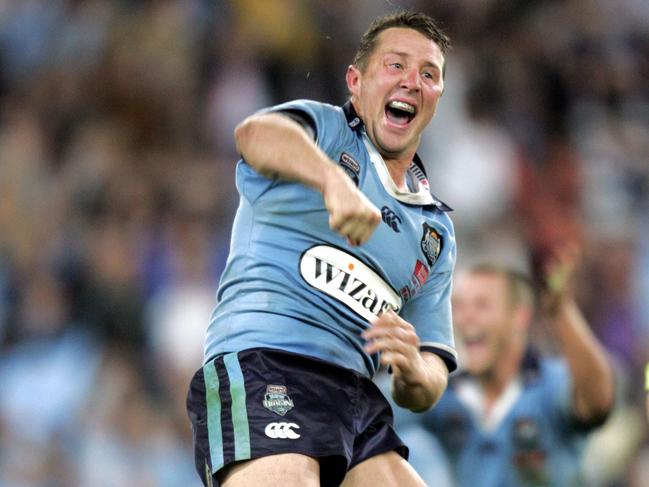 One of his career highlights, Shaun Timmins kicks the winning field goal for NSW to win State of Origin Game 1 in 2004. Picture: David Kapernick