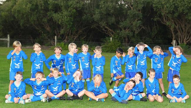 Barwon Heads Hilderbrandt under-9 football team pull their funniest faces. Picture: Alison Wynd