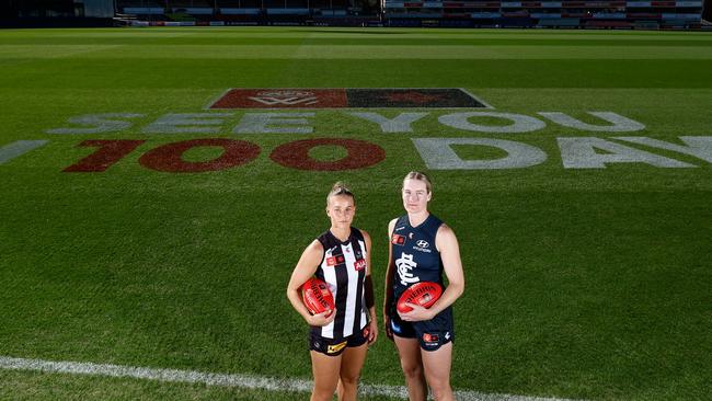 Ruby Schleicher of the Magpies and Breann Harrington of the Blues 100 days out from round 1 of the 2025 AFLW season (Photo by Michael Willson/AFL Photos via Getty Images)