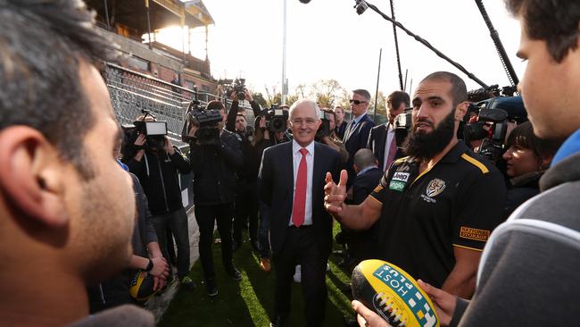 Malcolm Turnbull with Richmond’s Bachar Houli announcing a $625,000 funding expansion for the Bachar Houli Cup and Leadership Program for Islamic youth. Picture: Lyndon Mechielsen