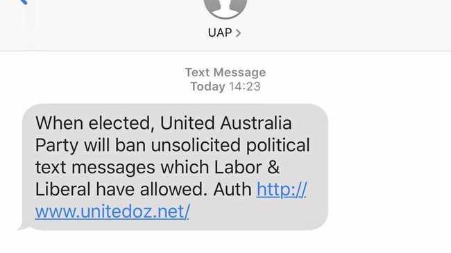 An unsolicited text message from Clive Palmer. Picture: Jarrard Potter